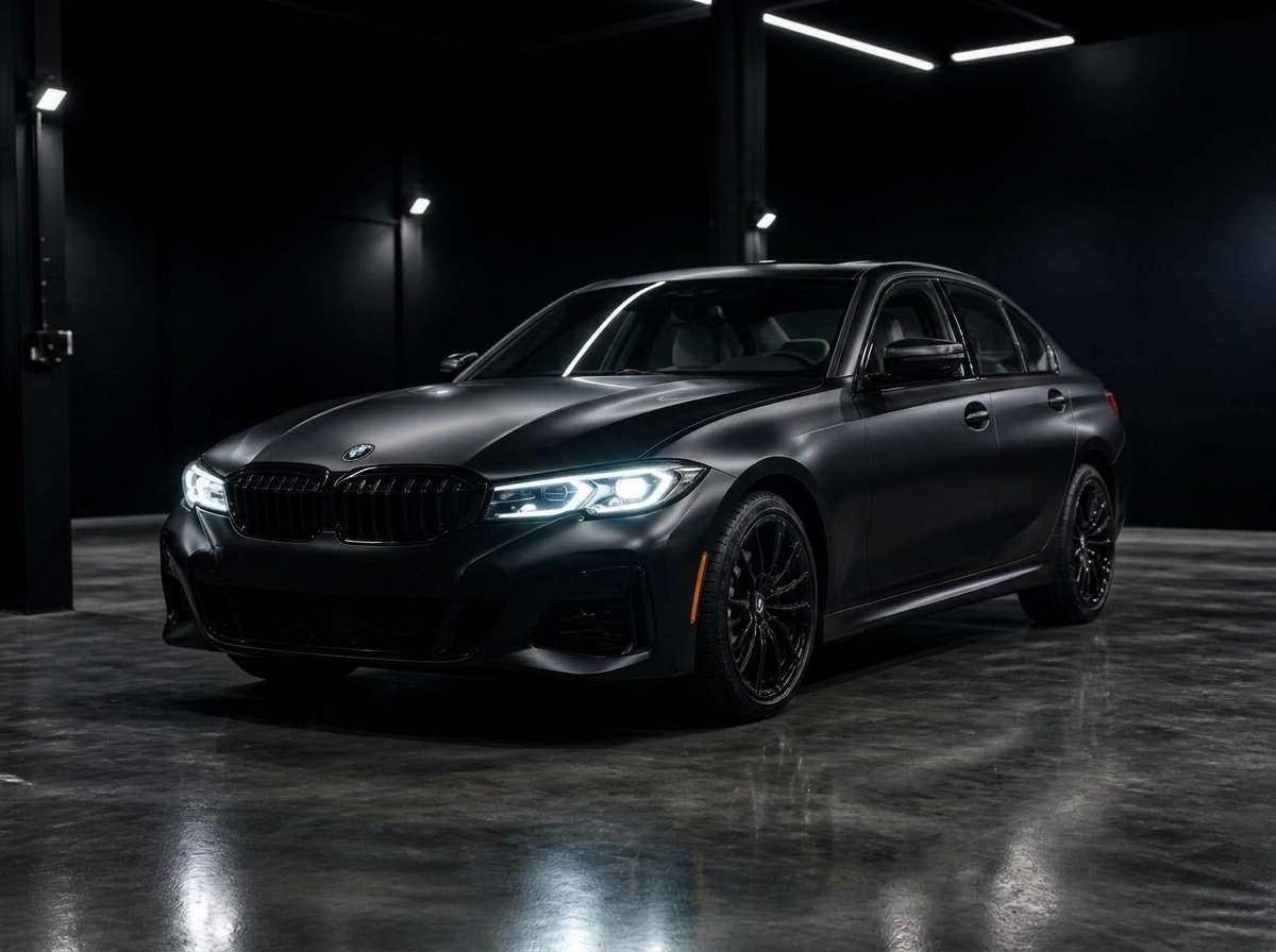 BMW sedan before and after satin black wrap in dark studio