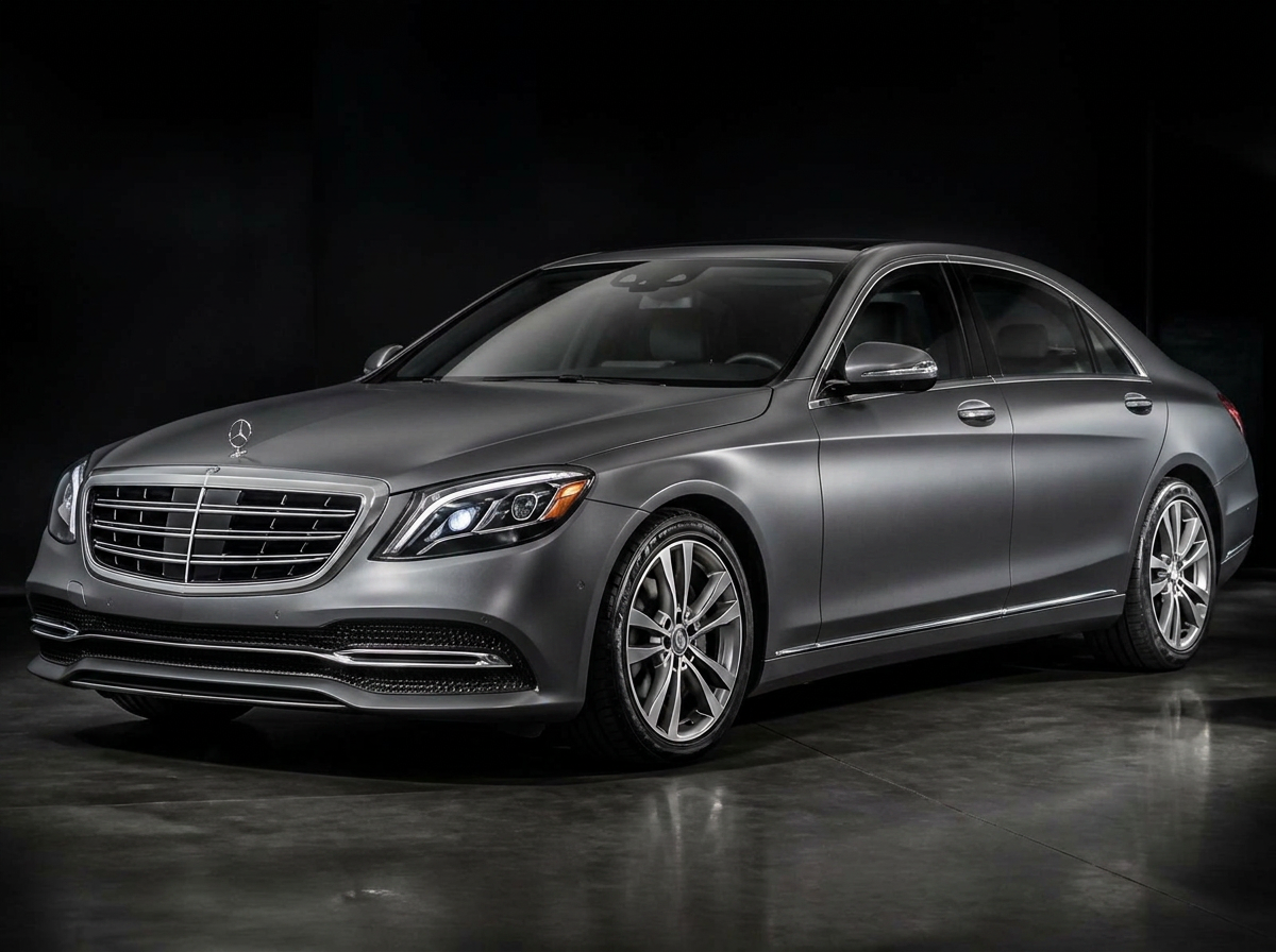 Mercedes S-Class before and after matte gray wrap in premium studio